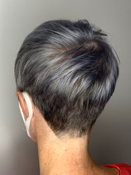 Image of  Women's Hair, Silver, Hair Color, Highlights, Pixie, Short Ear Length