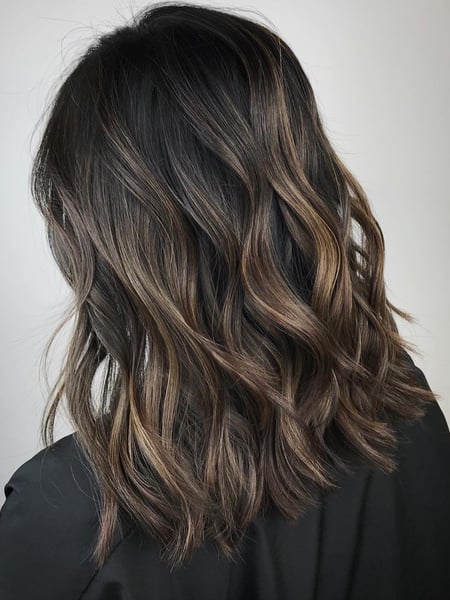 Image of  Women's Hair, Balayage, Hair Color, Foilayage, Brunette, Shoulder Length, Hair Length, Beachy Waves, Hairstyles, Layered, Haircuts