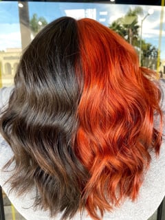 View Women's Hair, Hair Color, Fashion Color, Red, Shoulder Length, Hair Length, Medium Length, Curly, Haircuts, Layered, Beachy Waves, Hairstyles - Mitzy Aguilar, Escondido, CA