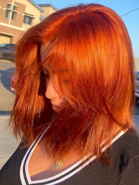 Image of  Women's Hair, Blowout, Hair Color, Color Correction, Fashion Hair Color, Red, Ombré, Full Color, Foilayage, Hair Length, Shoulder Length Hair, Haircut, Bangs, Blunt (Women's Haircut), Straight, Hairstyle