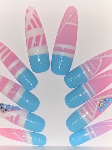 Image of  Nails, Nail Finish, Gel, Nail Length, XXL, Nail Color, Blue, Pastel, Pink, White, Nail Style, Hand Painted, Nail Jewels, Nail Shape, Almond, Oval, Round