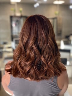 View Haircuts, Women's Hair, Curly, Blowout, Beachy Waves, Hairstyles, Curly, Red, Hair Color, Foilayage, Blunt - Julia Cone, Discovery Bay, CA