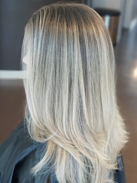 Image of  Women's Hair, Balayage, Hair Color, Blonde, Foilayage, Highlights, Silver, Long Hair (Upper Back Length), Hair Length, Long Hair (Mid Back Length), Layers, Haircut, Straight, Hairstyle