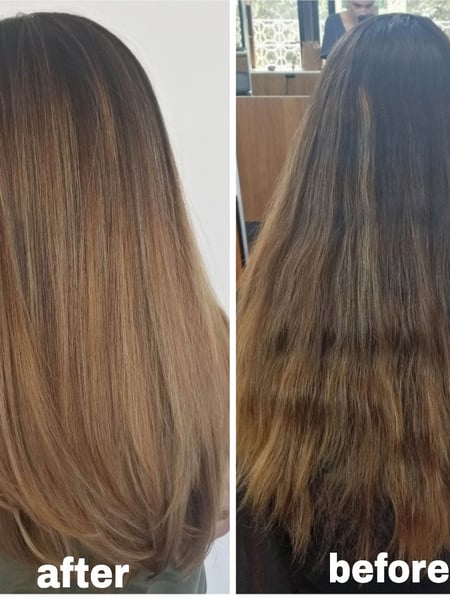 Image of  Women's Hair, Blowout, Hair Color, Balayage, Blonde, Brunette, Foilayage, Highlights, Hair Length, Long, Haircuts, Layered, Hairstyles, Straight, Permanent Hair Straightening, Keratin