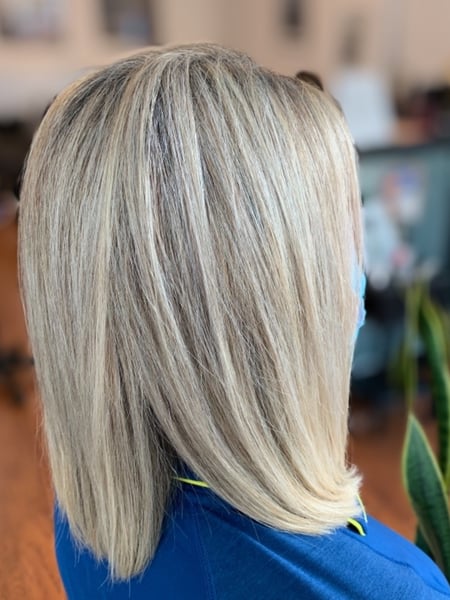 Image of  Women's Hair, Blowout, Blonde, Hair Color, Highlights, Hair Length, Shoulder Length, Haircuts, Bob, Hairstyles, Straight