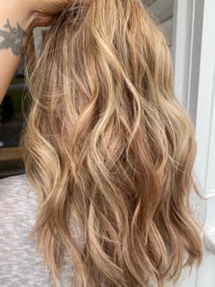 View Hair Color, Hairstyle, Beachy Waves, Hair Length, Long Hair (Upper Back Length), Highlights, Foilayage, Brunette Hair, Blonde, Balayage, Women's Hair - Kayley Bell, Griffin, GA