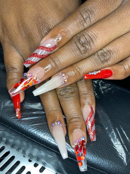 Image of  Nails, Acrylic, Nail Finish, Long, Nail Length, Beige, Nail Color, Clear, Glass, Glitter, Red, White, Accent Nail, Nail Style, Ombré, Nail Jewels, Hand Painted, Nail Art, Nail Shape, Ballerina