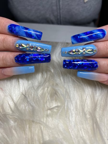 Image of  Nails, Acrylic, Nail Finish, Gel, XL, Nail Length, Blue, Nail Color, Clear, Glitter, Accent Nail, Nail Style, Nail Jewels, Mix-and-Match, Ombré, Square, Nail Shape