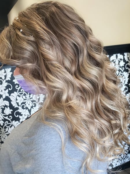 Image of  Women's Hair, Blowout, Hair Color, Balayage, Blonde, Brunette, Foilayage, Highlights, Medium Length, Hair Length, Long, Shoulder Length, Blunt, Haircuts, Curly, Layered, Beachy Waves, Hairstyles, Curly, Bridal