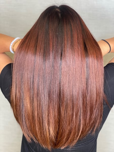 Image of  Blowout, Women's Hair, Straight, Hairstyles, Red, Hair Color, Brunette, Foilayage, Highlights