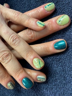 View Manicure, Nails, Short, Nail Length, Nail Art, Nail Style, Hand Painted, Neon, Nail Color, Light Green, Blue, Beige, Gel, Nail Finish, Oval, Nail Shape - Kelley Wolfe, Scottsdale, AZ