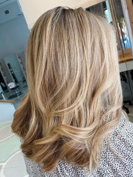 Image of  Women's Hair, Hair Color, Blonde, Balayage, Highlights, Medium Length, Hair Length, Blunt, Haircuts, Curly, Layered, Curly, Hairstyles