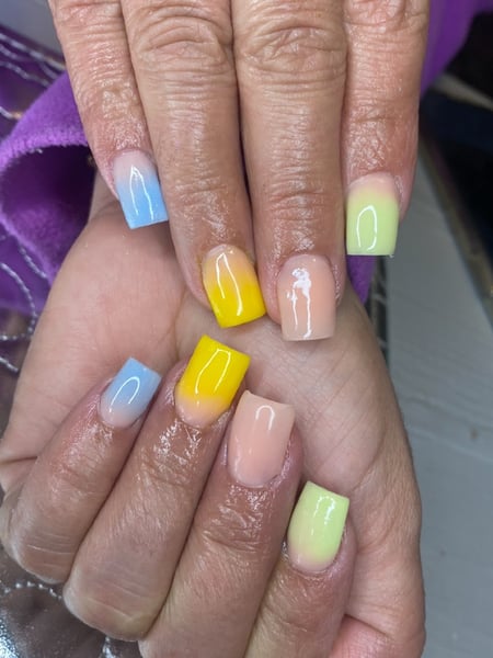 Image of  Manicure, Nails, Nail Length, Short, Ombre, Nail Style, Yellow, Nail Color, Neon, Light Green, Blue, Pastel, Nail Finish, Gel, Acrylic, Square, Nail Shape