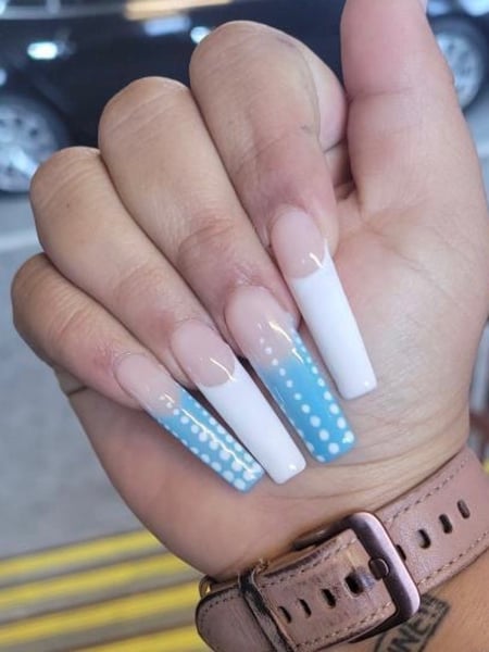 Image of  Long, Nail Length, Nails, XL, XXL, Nail Art, Nail Style, Accent Nail, Mix-and-Match, Hand Painted, Color Block, White, Nail Color, Blue, Beige, Gel, Nail Finish, Manicure, Ballerina, Nail Shape, Coffin