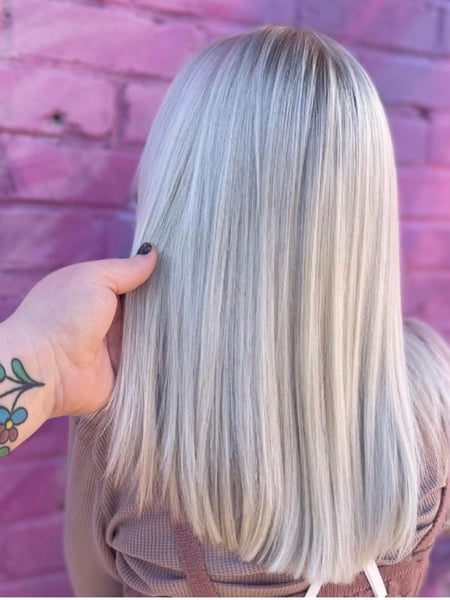 Image of  Women's Hair, Balayage, Hair Color, Blonde, Color Correction, Full Color, Highlights, Silver, Shoulder Length, Hair Length, Medium Length, Blunt, Haircuts, Layered, Straight, Hairstyles