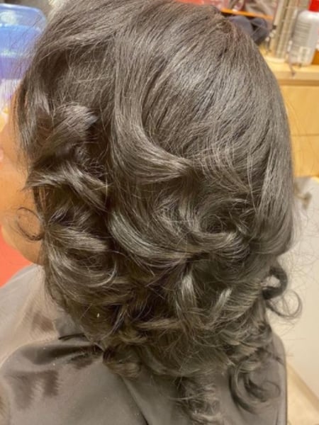 Image of  Women's Hair, Black, Hair Color, Medium Length, Hair Length, Curly, Haircuts, Silk Press, Permanent Hair Straightening
