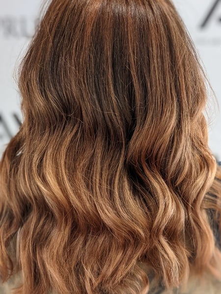 Image of  Women's Hair, Balayage, Hair Color, Fashion Color, Foilayage, Full Color, Highlights, Red, Medium Length, Hair Length, Haircuts, Layered, Beachy Waves, Hairstyles