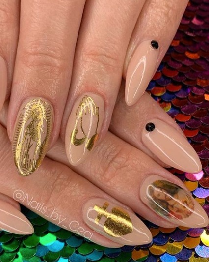 Image of  Nails, Beige, Nail Color, Gold, Metallic, Gel, Nail Finish, Long, Nail Length, Almond, Nail Shape, Mix-and-Match, Nail Style, Nail Art