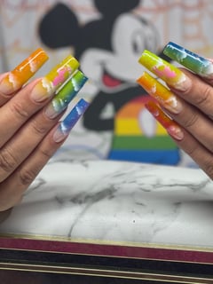 View Neon, Nails, Gel, Nail Finish, XXL, Nail Length, Blue, Nail Color, Green, Light Green, Orange, Pink, Purple, Red, White, Yellow, Airbrush, Nail Style, Ombré, Square, Nail Shape - Cindy Ramos, Los Angeles, CA
