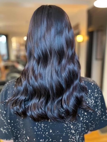 Image of  Women's Hair, Brunette, Hair Color, Full Color, Medium Length, Hair Length, Blunt, Haircuts, Beachy Waves, Hairstyles, Curly