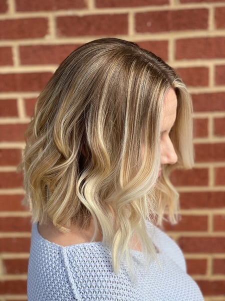 Image of  Layered, Haircuts, Women's Hair, Blowout, Beachy Waves, Hairstyles, Blonde, Hair Color, Balayage, Foilayage, Shoulder Length, Hair Length