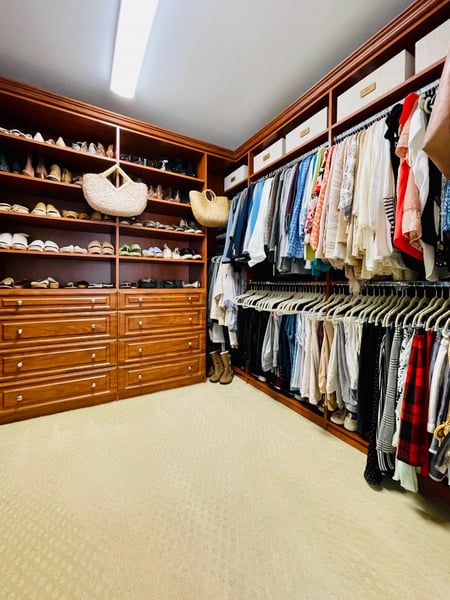 Image of  Professional Organizer, Home Organization, Bedroom, Master Closet, Closet Organization, Hanging Clothes, Shoe Shelves, Folded Clothes, Handbags