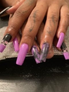 View Nails, Nail Finish, Long, Nail Length, Black, Nail Color, Purple, Nail Style, Nail Art, Mix-and-Match, Square, Nail Shape - Shay, Calumet City, IL