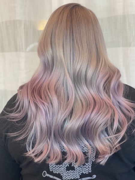 Image of  Women's Hair, Blowout, Hair Color, Balayage, Blonde, Fashion Color, Foilayage, Full Color, Highlights, Ombré, Silver, Long, Hair Length, Haircuts, Layered, Beachy Waves, Hairstyles, Curly