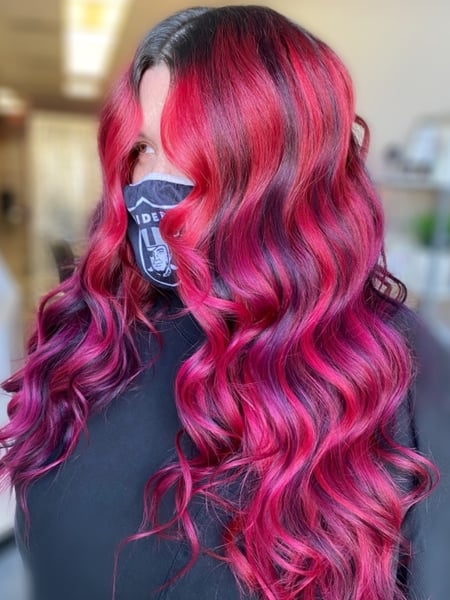 Image of  Women's Hair, Hair Color, Balayage, Fashion Color, Highlights, Red, Long, Hair Length, Layered, Haircuts, Beachy Waves, Hairstyles