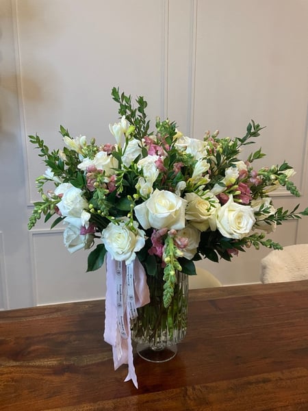 Image of  Florist, Arrangement Type, Centerpiece, Occasion, Anniversary, Valentine's Day, Wedding, Wedding Ceremony, Size & Display, Large, Color, White, Green, Pink, Flower Type, Rose, Larkspur