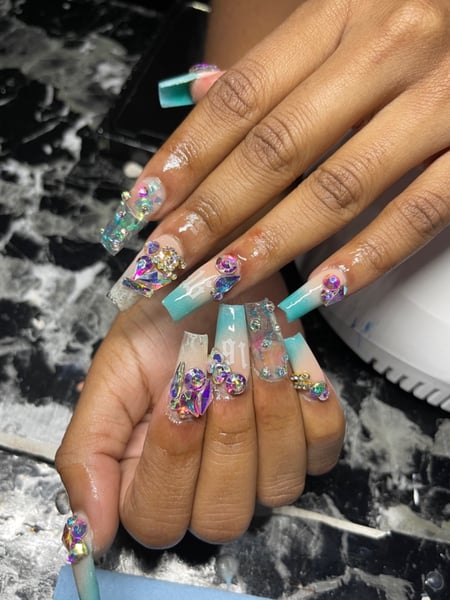 Image of  Nails, Acrylic, Nail Finish, Short, Nail Length, Blue, Nail Color, Beige, Glass, Glitter, Nail Jewels, Nail Style, Mix-and-Match, Ombré, Stickers, Coffin, Nail Shape