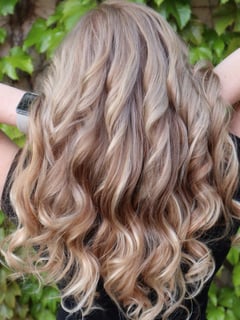 View Hair Color, Hair Extensions, Curly, Beachy Waves, Hairstyles, Haircuts, Layered, Hair Length, Long, Highlights, Women's Hair - Krystle Dutton, Beaverton, OR