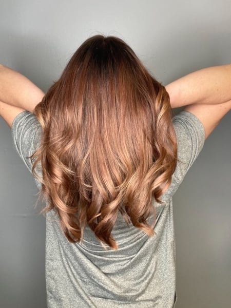 Image of  Women's Hair, Blowout, Hair Color, Balayage, Red, Ombré, Medium Length, Hair Length, Haircuts, Layered, Curly, Hairstyles