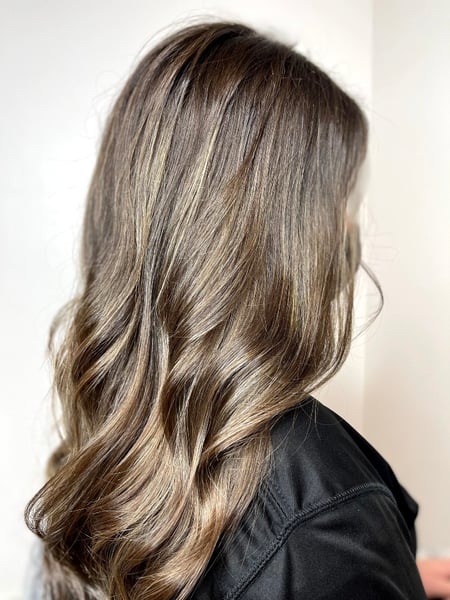 Image of  Layered, Haircuts, Women's Hair, Blowout, Permanent Hair Straightening, Hairstyles, Beachy Waves, Brunette, Hair Color, Highlights, Foilayage