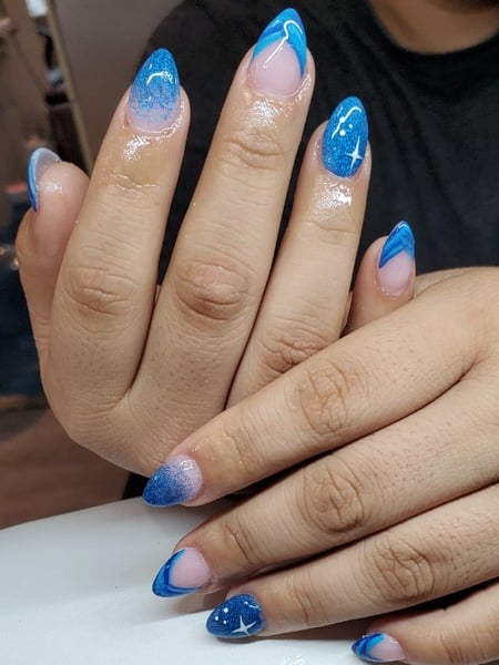 Image of  Nails, Acrylic, Nail Finish, Gel, Short, Nail Length, Blue, Nail Color, Green, Accent Nail, Nail Style, French Manicure, Hand Painted, Ombré, Nail Art, Almond, Nail Shape, Stiletto