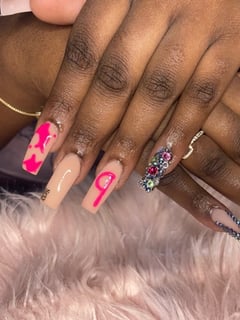 View Nails, Beige, Medium, Nail Color, Pink, Nail Art, Nail Style, Jewels, Coffin, Nail Shape, Square, Nail Length, Nail Finish, Acrylic - Jashawn Johnson, Homestead, FL