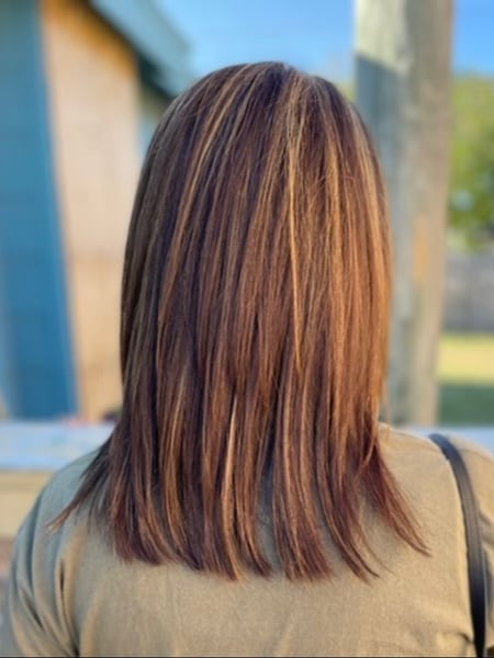 Image of  Layered, Haircuts, Women's Hair, Blunt, Blowout, Straight, Hairstyles, Red, Hair Color, Color Correction, Highlights, Shoulder Length, Hair Length