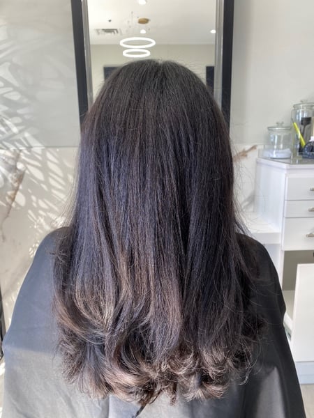 Image of  Blowout, Women's Hair, Dominican Blowout, Permanent Hair Straightening, Hairstyles, Medium Length, Hair Length