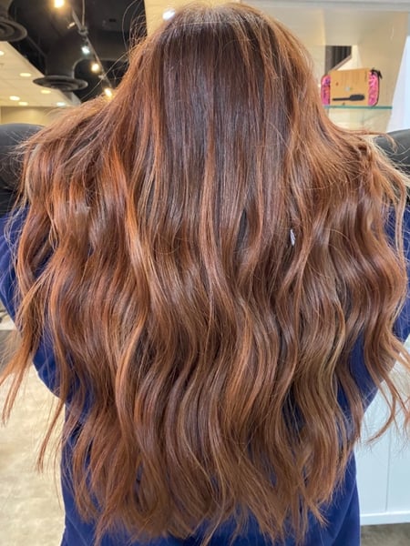 Image of  Women's Hair, Hair Color, Red, Long Hair (Mid Back Length), Hair Length, Blunt (Women's Haircut), Haircut, Beachy Waves, Hairstyle