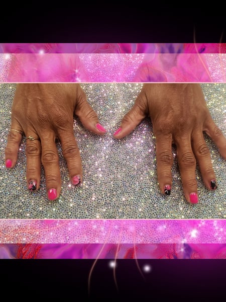 Image of  Nails, Nail Art, Gel, Pink, Black, Round, Nail Style, Nail Color, Nail Length, Manicure, Nail Finish, Stickers, Mix-and-Match, Short, Nail Shape, Nail Service Type