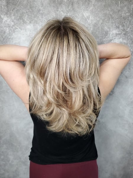 Image of  Women's Hair, Blonde, Hair Color, Highlights, Hair Length, Medium Length, Natural, Hairstyles, Blowout