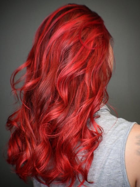 Image of  Women's Hair, Blowout, Hair Color, Color Correction, Red, Hair Length, Long, Haircuts, Layered, Hairstyles, Curly