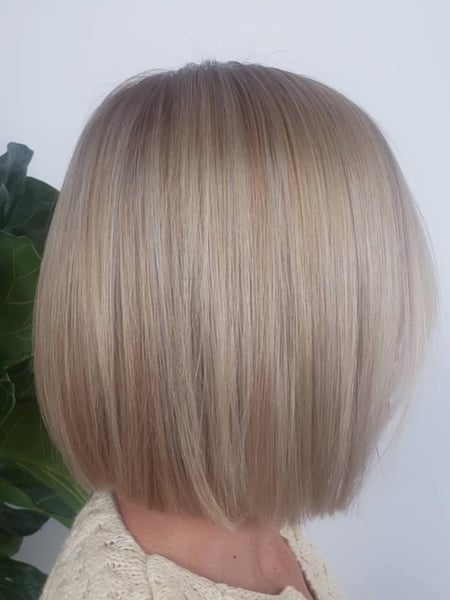 Image of  Women's Hair, Blowout, Hair Color, Blonde, Color Correction, Foilayage, Full Color, Highlights, Hair Length, Short Chin Length, Haircuts, Blunt, Bob, Straight, Hairstyles