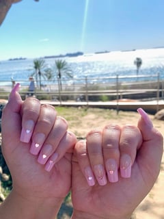View Nail Length, Coffin, Square, Nail Shape, Ballerina, Nail Finish, Gel, Manicure, Medium, Beige, Pastel, Glitter, Nail Color, Pink, French Manicure, Nail Jewels, Stickers, Hand Painted, Nail Style, Nail Art, Nails - Tammy Nguyen, Anaheim, CA