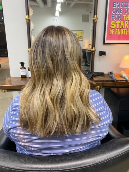 Image of  Women's Hair, Balayage, Hair Color, Blonde, Color Correction, Fashion Color, Foilayage, Full Color, Highlights, Beachy Waves, Hairstyles