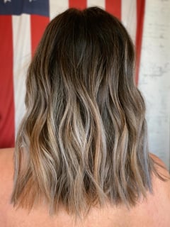 View Foilayage, Hairstyle, Beachy Waves, Layers, Haircut, Blunt (Women's Haircut), Hair Length, Long Hair (Upper Back Length), Silver, Ombré, Highlights, Brunette Hair, Blonde, Balayage, Hair Color, Blowout, Women's Hair - Sam Donato, Spring, TX
