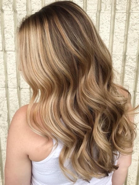 Image of  Women's Hair, Hair Color, Blowout, Balayage, Blonde, Brunette, Foilayage, Highlights, Hair Length, Medium Length, Haircuts, Layered, Beachy Waves, Hairstyles, Curly