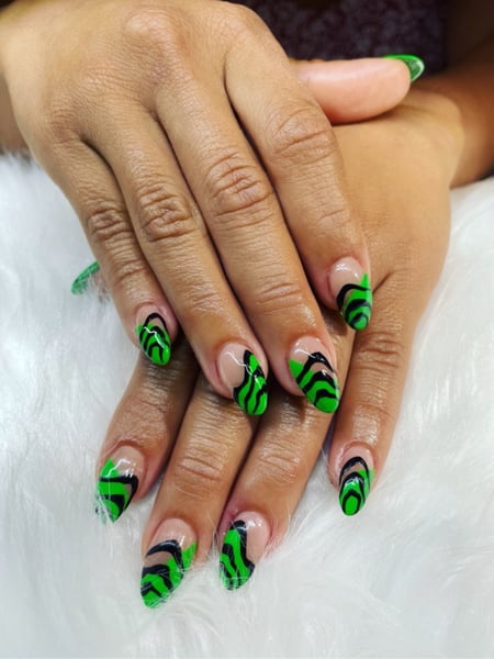 Image of  Nails, Acrylic, Nail Finish, Gel, Short, Nail Length, Green, Nail Color, Black, Hand Painted, Nail Style, Nail Art, Almond, Nail Shape