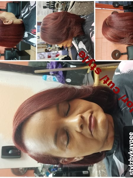 Image of  Bob, Haircuts, Women's Hair, Silk Press, Permanent Hair Straightening, Layered, Straight, Hairstyles, Red, Hair Color, Shoulder Length, Hair Length, Short Chin Length