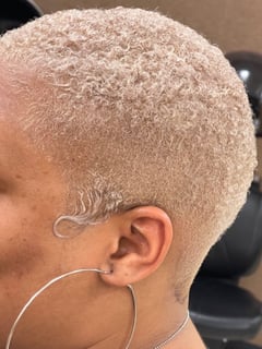 View Hair Texture, 4C, Natural, Hairstyles, Curly, Shaved, Curly, Haircuts, Coily, Short Ear Length, Pixie, Silver, Blonde, Hair Color, Women's Hair - Jessica Bundy, Houston, TX